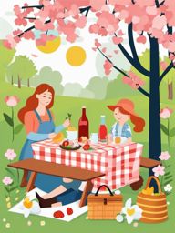 Springtime Picnic clipart - Picnic in a blooming park, ,vector color clipart,minimal