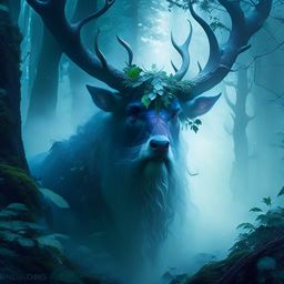 firbolg druid, whispering oakheart, guiding lost souls through a mystical, fog-shrouded forest. 