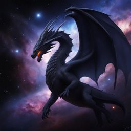 void dragon traversing the boundless darkness of interstellar space, surrounded by distant stars and celestial wonders. 