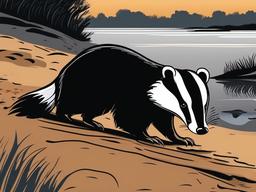 Badger Cartoon - Cartoon of badger digging at dusk  