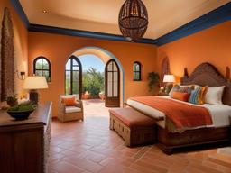 Mediterranean master bedroom features terracotta tiles, wooden furniture, and colorful decor that creates a bright and inviting atmosphere.  