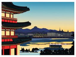 Seoul clipart - Gyeongbokgung Palace and Seoul skyline,  color vector clipart