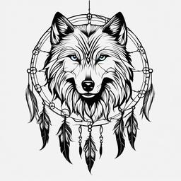 Dream Catcher Tattoo with Wolf - Tattoo featuring a dream catcher and a wolf.  simple vector tattoo,minimalist,white background