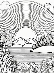 Rainbow Coloring Page - Rainbow coloring sheet with nature scene.  easy,simple,minimal,coloring pages,black and white outline