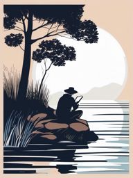 Reading by the Lake clipart - A person peacefully reading a book by the lake., ,vector color clipart,minimal