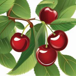 Cherries with leaves on a branch clipart.  vector style illustration, white background