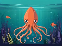 Deep-Dwelling Giant Squid Clip Art - A deep-dwelling giant squid in the mysterious depths,  color vector clipart, minimal style