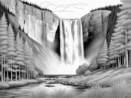 rainbow coloring pages - a rainbow extends over a serene waterfall in the mountains. 