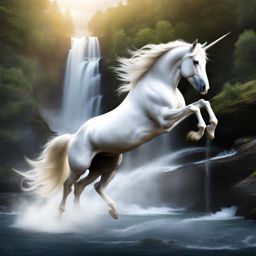 majestic unicorn leaping gracefully over a cascading waterfall, its silvery mane flowing in the mist. 