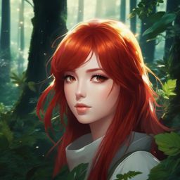 Front facing face, girl with red hair, small eyes in a mystical forest.  close shot of face, face front facing, profile picture pfp, anime style