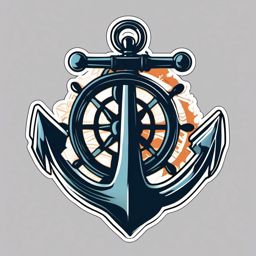 Anchor and Wheel Sticker - Nautical anchor with a ship's wheel, ,vector color sticker art,minimal