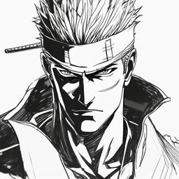 drawing of Roronoa Zoro anime  minimal rough sketch scribbles,doodles,black and white