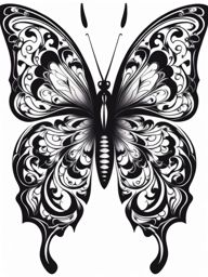 Black butterfly thigh tattoos, Elegant black-themed butterfly tattoos designed for the thigh.  viviid colors, white background, tattoo design