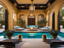 The pool area embraces Egyptian Revival interior design with ornate loungers, vibrant accents, and historical decor that creates a luxurious atmosphere for summer enjoyment.  