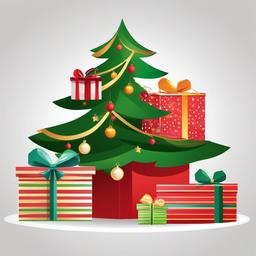 Stack of Christmas gifts under a tree clipart.  vector style illustration, white background