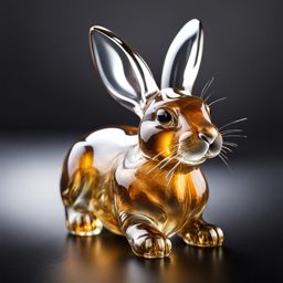 Hyperrealistic blown glass rabbit figurine. Transparent with Gold highlights. Hyperrealistic, splash art, concept art, mid shot, intricately detailed, DSLR HDR