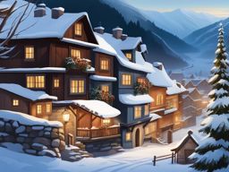 winter clipart: falling gently in a snowy mountain village. 