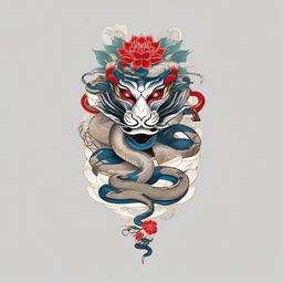 japanese snake and mask tattoo  simple color tattoo,white background,minimal