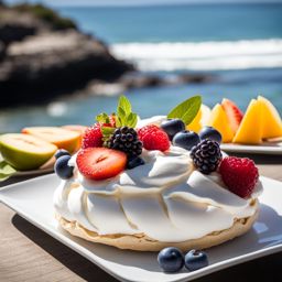 pavlova, new zealand meringue dessert with fruit, savored at a beachfront picnic on the bay of islands. 