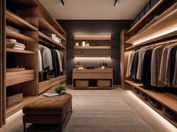 In the walk-in closet, rustic interior design includes wooden shelving, soft lighting, and cozy accents that create a stylish and organized dressing area.  