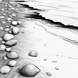 drawing of a beach with seashells  minimal rough sketch scribbles,doodles,black and white