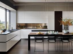 Bauhaus kitchen highlights flat-front cabinets, sleek chrome fixtures, and a linear layout, offering a practical and visually harmonious space for cooking and dining.  