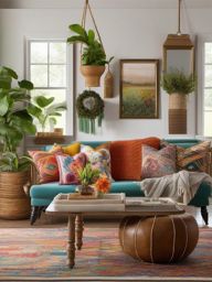 Boho Farmhouse Fusion - Blend boho and farmhouse styles for an eclectic living room. , living room decor ideas, multicoloured, photo realistic, hyper detail, high resolution,