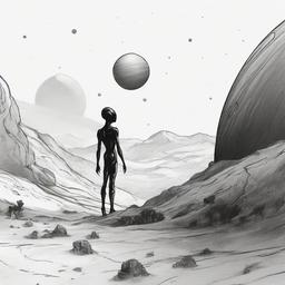 drawing of an alien on a planet  minimal rough sketch scribbles,doodles,black and white