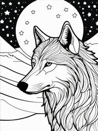 Wolf with Stars Coloring Pages - Night Sky Filled with Stars and a Wolf  minimal black outline printable sheet, coloring page