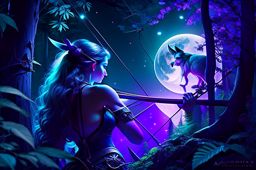 artemis, the huntress goddess, drawing her bow under the moonlight in a dense forest. 