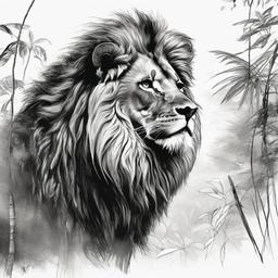 drawing of a lion in rainforest  minimal rough sketch scribbles,doodles,black and white