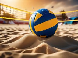 Beachside sand volleyball games close shot perspective view, photo realistic background, hyper detail, high resolution