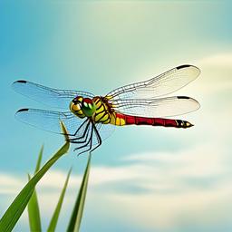 Dragonfly flying against a blue sky background clipart.  