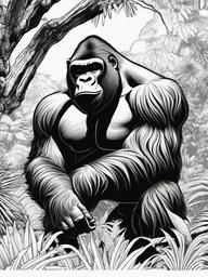 Gorilla Coloring Pages - Strong Silverback Jungle Ape  black outline printable coloring page