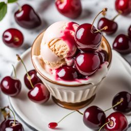 a scoop of creamy cherry vanilla ice cream, with swirls of sweet cherry sauce. 