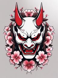 hannya mask cherry blossom tattoo  simple color tattoo,white background,minimal