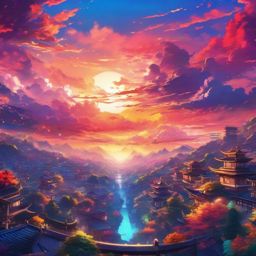 Anime Sky Wallpaper Vibrant World of Anime with Colorful Skies wallpaper splash art, vibrant colors, intricate patterns