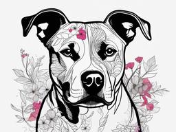 drawing of a pitbull with colorful flowers  minimal rough sketch scribbles,doodles,black and white