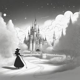 drawing of a Disney character in a magical setting  minimal rough sketch scribbles,doodles,black and white