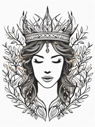 Crown Tattoo-Crown of nature-inspired elements, intertwining leaves and branches to create a natural and regal feel. Colored tattoo designs, minimalist, white background.  color tattoo, minimal white background