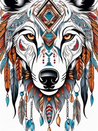 Wolf and Indian Tattoo,tattoo showcasing both a wolf and indigenous motifs, fusion of cultures. , color tattoo design, white clean background