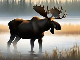 Moose cartoon - Moose wading through a misty marsh  