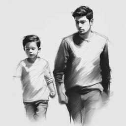 sketch of father and son  minimal rough sketch scribbles,doodles,black and white