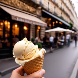 french vanilla ice cream scooped onto a cone at a charming parisian sidewalk café. 