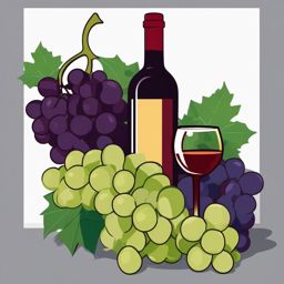 Grape Cluster and Wine Bottle Clipart - A cluster of grapes and a bottle of wine.  color vector clipart, minimal style