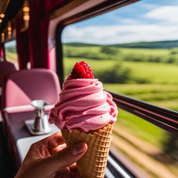 raspberry ripple ice cream scooped onto a cone during a scenic train ride in the countryside. 