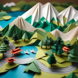 Origami!  5000ft drone view of a japanese landscape with mount fuji and birds flying and guilin style mountains with rivers and bridges, Origami paper folds papercraft, made of paper, stationery, 8K resolution 64 megapixels 