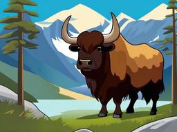 Yak Cartoon - Cartoon of yak in mountainous landscape  