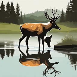 Deer clipart - deer drinking water from a pond  color,minimalist,vector clipart