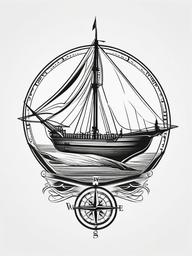 Compass Ship Tattoo - Compass tattoo with a ship motif.  simple vector tattoo,minimalist,white background